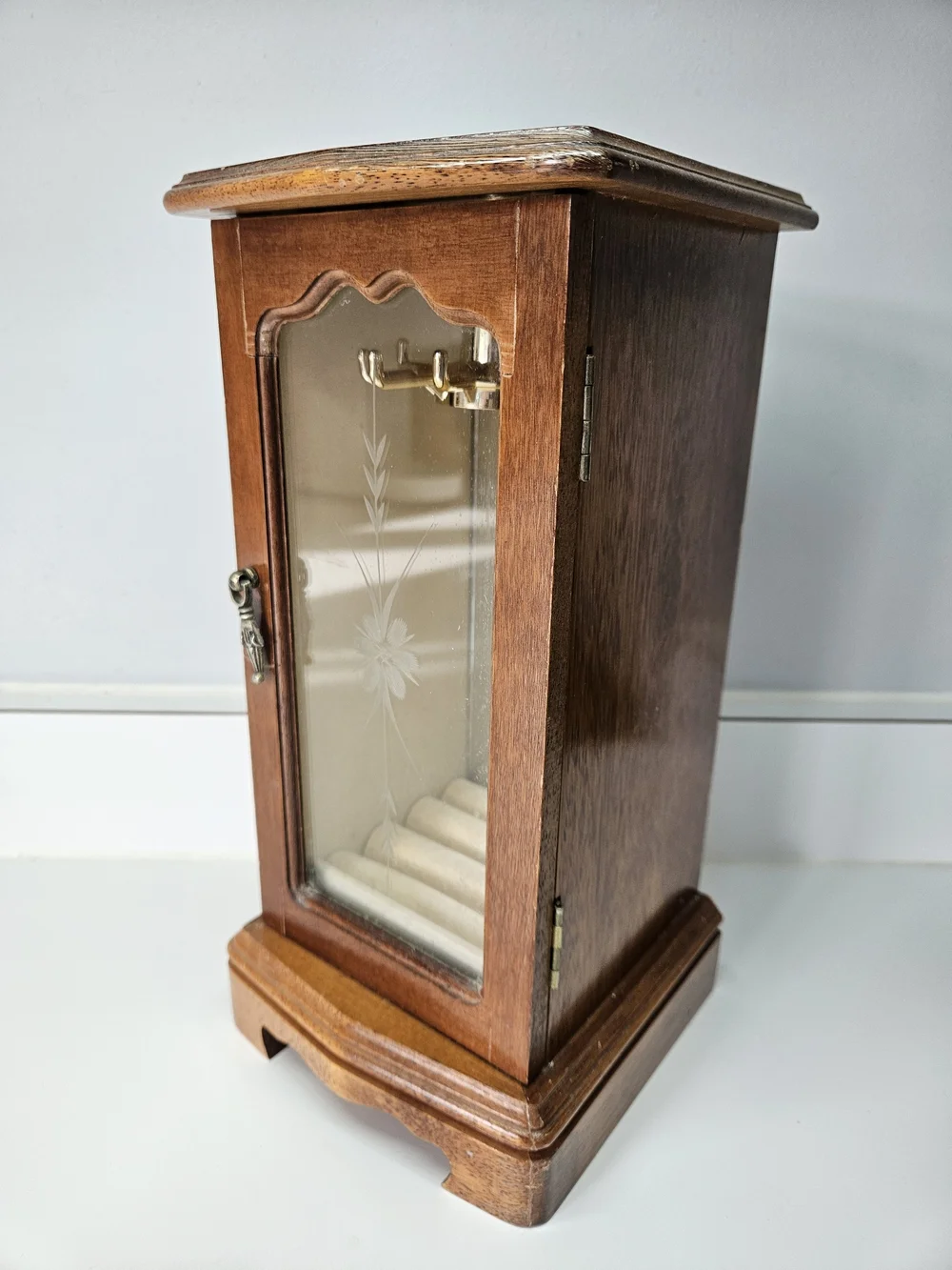 VINTAGE Wood Armoire Jewelry Box Etched Flower Glass Door